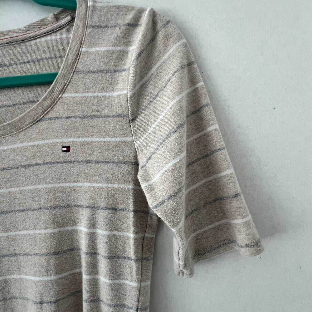 Tommy Hilfiger Women tan with with￼Stripes 3/4 Sleeve Pullover Top Shirt Sz M